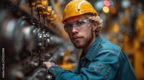 Mężczyzna w kasku i okularach dba o kondycje rur i zaworów w fabryce