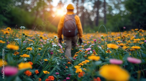Osoba przechodzi przez pole kwiatów