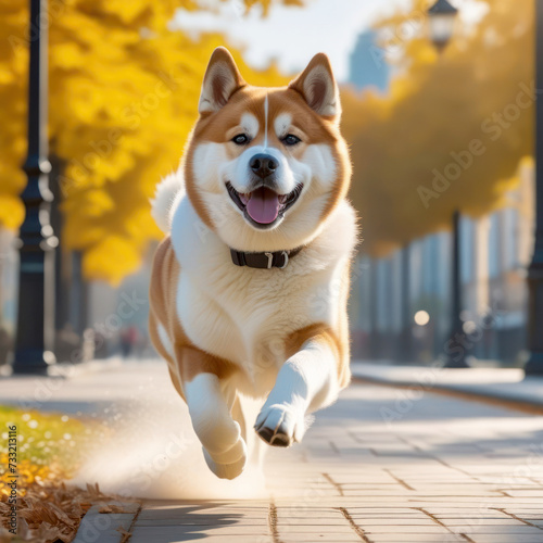 Akita Inu dog running wildly in a park with open mouse. Generative AI