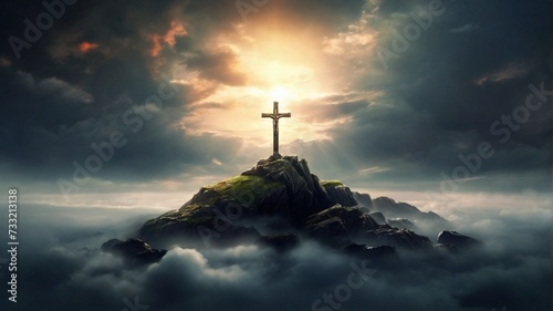 Holy cross symbolizing the death and resurrection of jesus christ with dramatic sky view photo