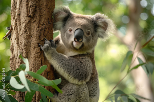 Close-up cute koala climbed on a tree