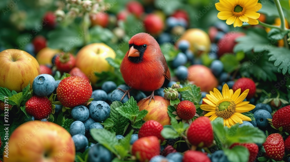 Czerwony ptak siedzący na szczycie sterty owoców - obrazy, fototapety, plakaty 