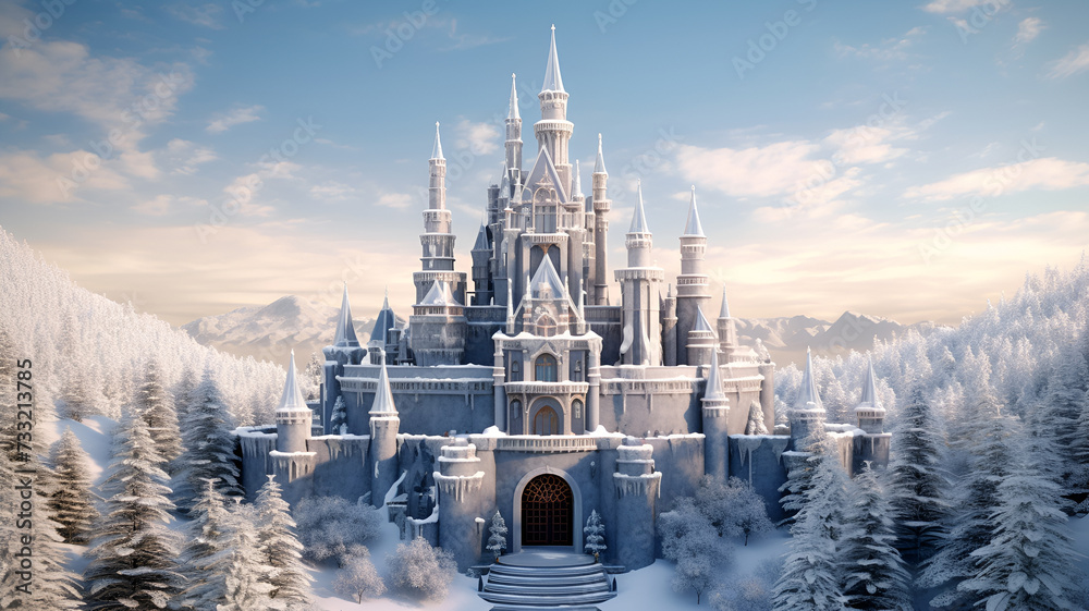 "Winter Wonderland: Enchanting 3D Rendered Snowcastle Amidst a Blizzard | Intricate Frosty Fortress Evoking the Magic of the 2023 Winter Season - obrazy, fototapety, plakaty 