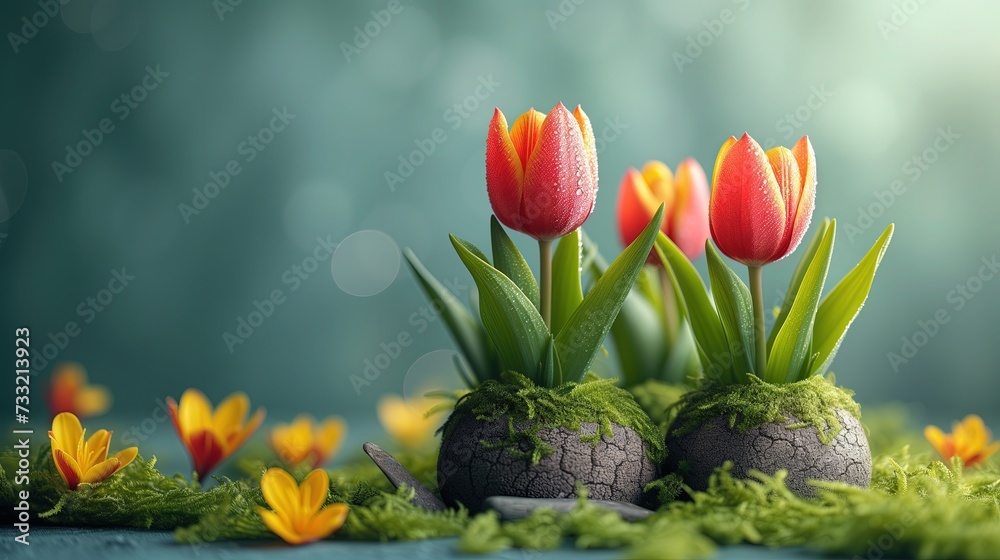Obraz premium Tulipany wyrastają z kamiennych doniczek. Prezentacja produktu, tło do posta social media na wiosnę