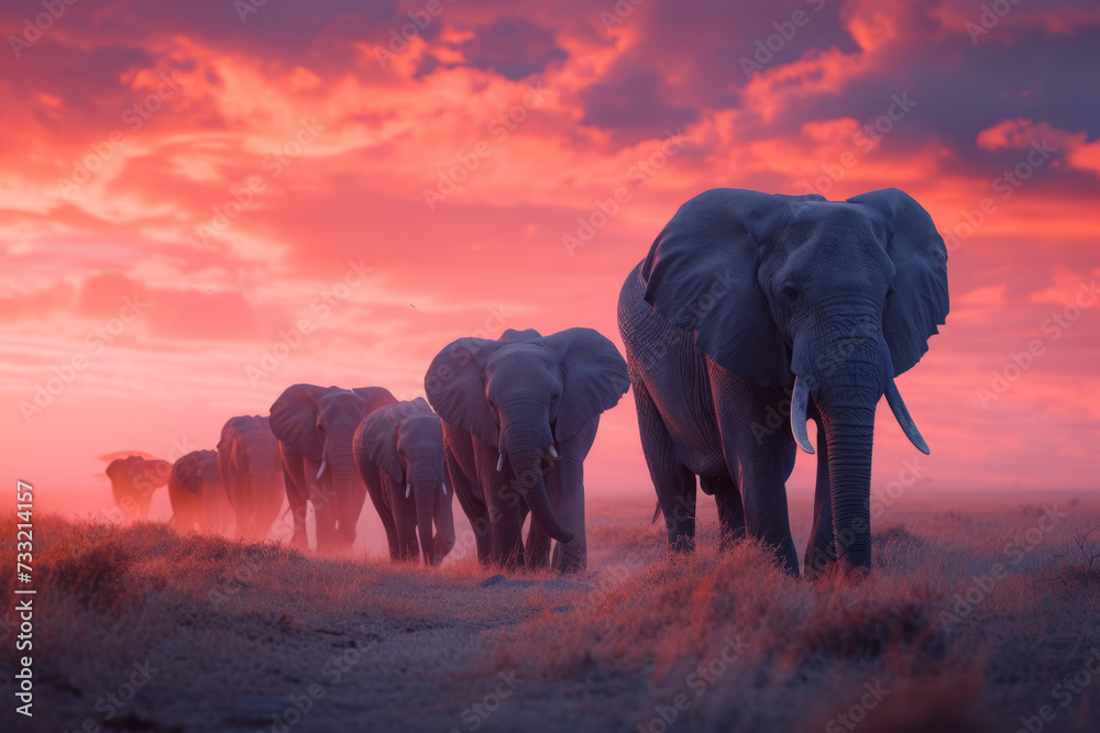 Herd of elephants in the grass field at sunset - obrazy, fototapety, plakaty 