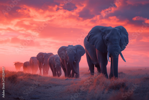 Herd of elephants in the grass field at sunset