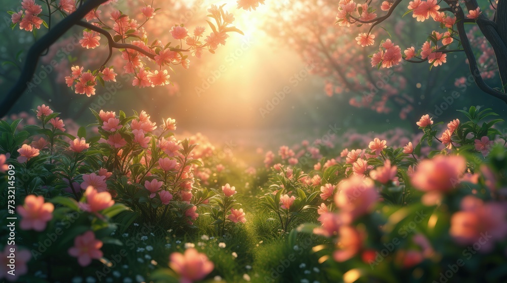 Słońce świeci przez drzewa i kwiaty