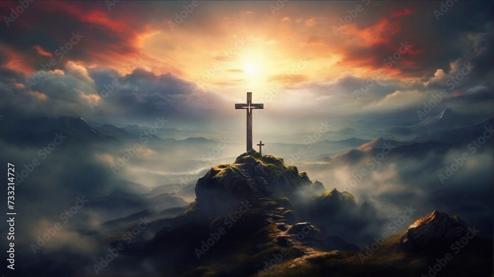 Holy cross symbolizing the death and resurrection of jesus christ with dramatic sky view - obrazy, fototapety, plakaty 