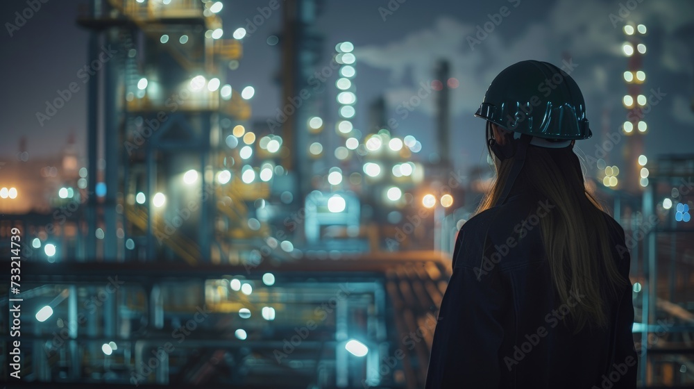 Female Engineer Observing Nighttime Industrial Scene.
An engineer surveys industrial operations at night.