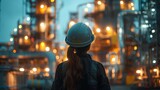 Woman in Hard Hat Facing Industrial Landscape at Dusk.
A woman engineer contemplates the industrial complex.