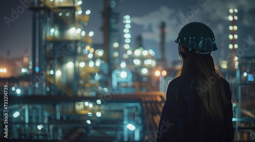 Female Engineer Observing Nighttime Industrial Scene. An engineer surveys industrial operations at night.