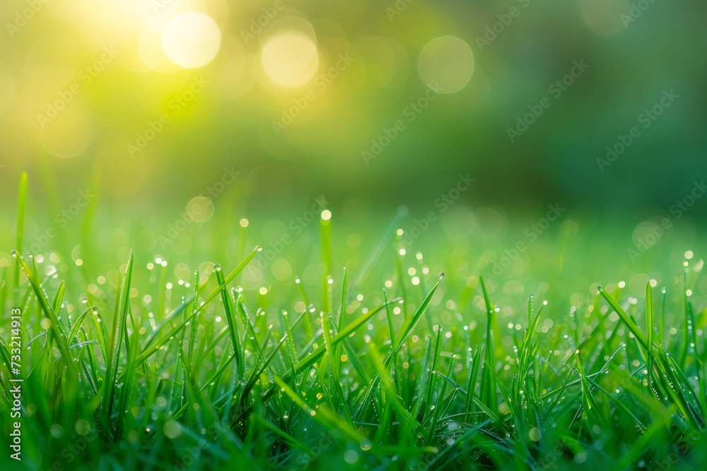 A close-up of dew-covered grass, with the early morning light creating a bokeh effect, text space