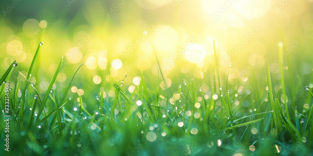 Obraz premium A close-up of dew-covered grass, with the early morning light creating a bokeh effect, text space