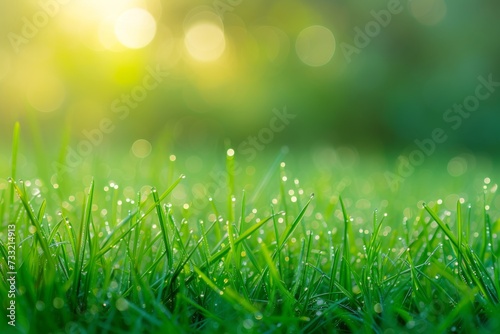 A close-up of dew-covered grass, with the early morning light creating a bokeh effect, text space