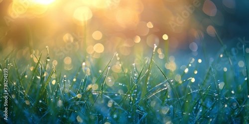 Dew-speckled grass with soft morning bokeh effect