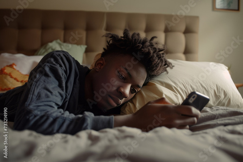 Young black man lay on her bed looking at her phone. AI generative