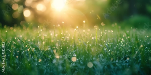 Dew-speckled grass with soft morning bokeh effect © mikeosphoto