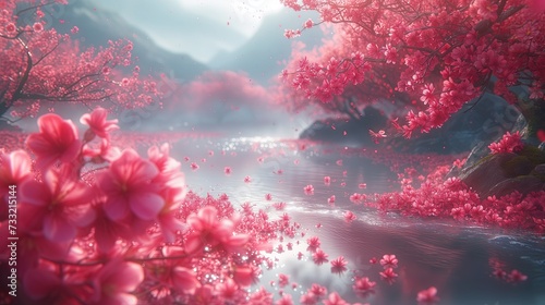 Obraz rzeki otoczonej różowymi kwiatami