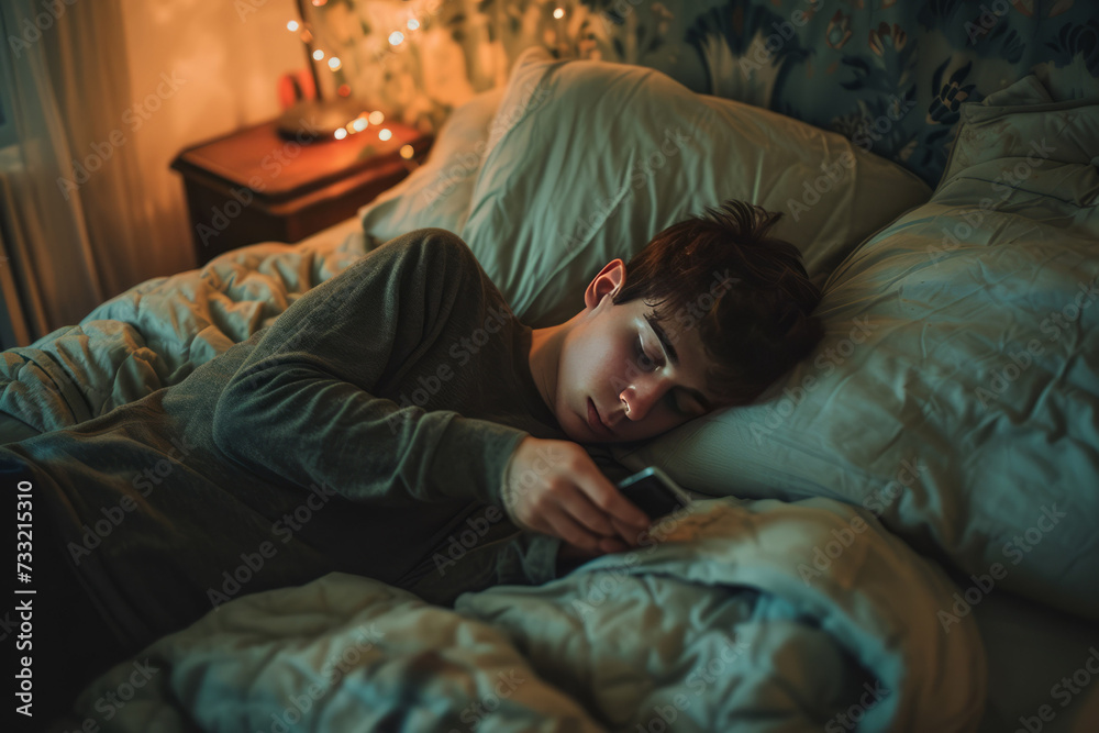 Young caucasian man lay on her bed looking at her phone. AI generative Young caucasian man lay on her bed looking at her phone. AI generative