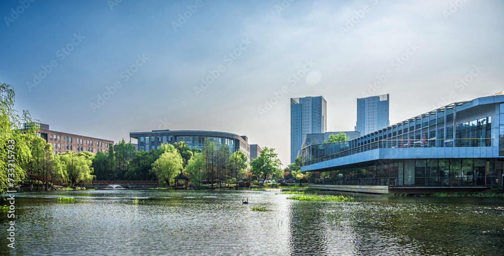 Panoramic View of City Park and Modern Buildings