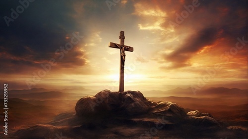 Holy cross symbolizing the death and resurrection of jesus christ with dramatic sky view