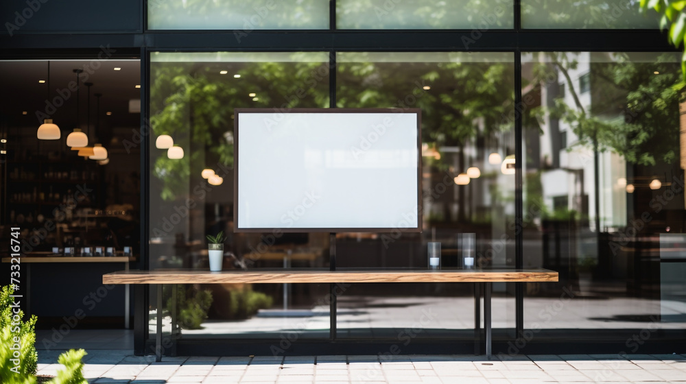 Restaurant front with blank white poster board for mockup