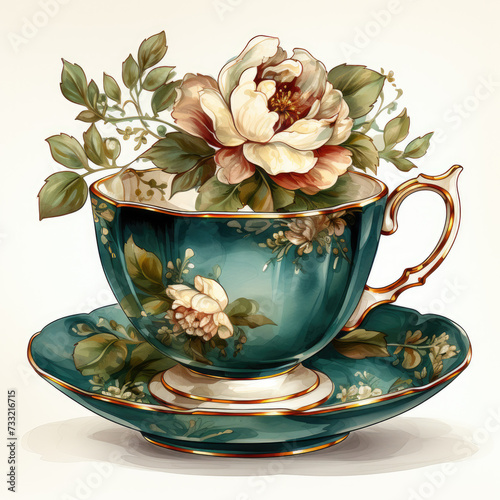 watercolor Vintage Tea Cup clipart, Generative Ai