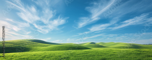 Idyllic Rolling Green Hills Under a Clear Blue Sky with Wispy Clouds. Tranquil Nature Landscape Concept © KN Studio