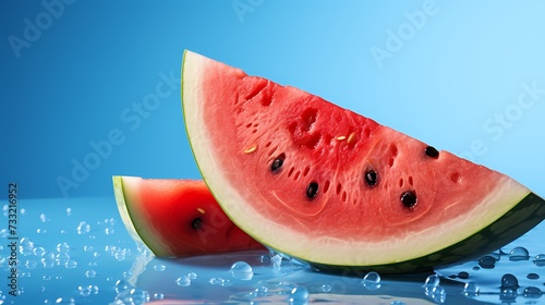 A top view of a watermelon slice against a refreshing sky blue background, tempting you with its juicy and refreshing taste