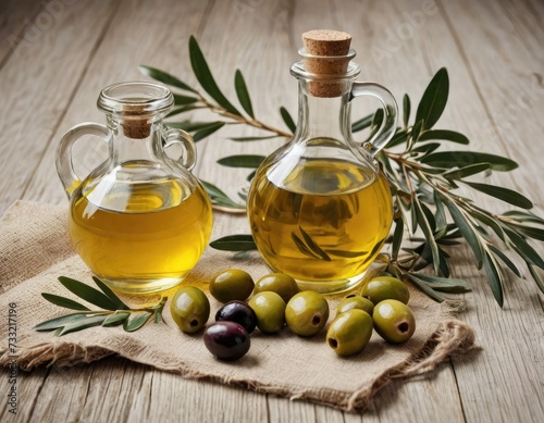 Gourmet Nostalgia: Olive Oil and Branch on Aged Wood