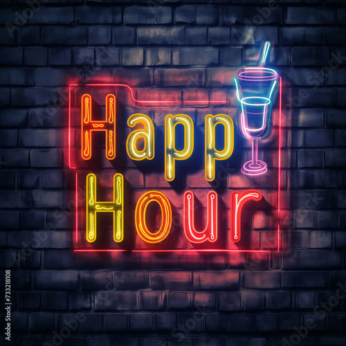 Happy hour neon on brick wall background.