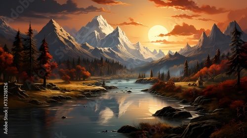 A tranquil lake reflecting the golden hues of a setting sun  surrounded by tall mountains