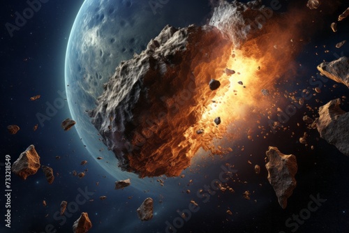 Planet Earth and huge asteroid in the space. Potentially hazardous asteroids. Asteroid in outer space near Earth planet
