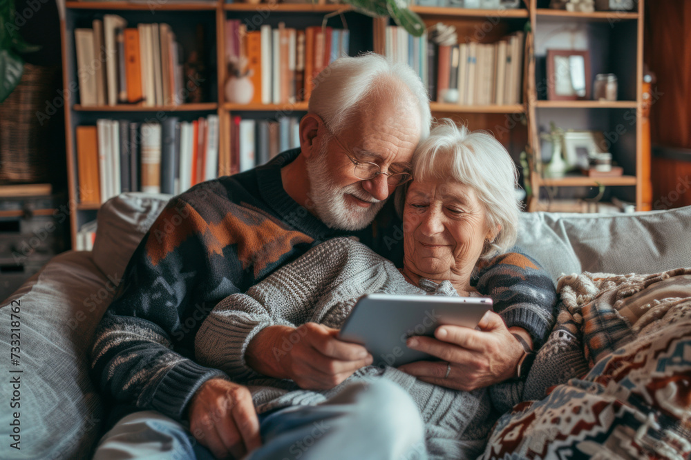 Happy senior couple relaxing on couch at home using tablet. Happy senior couple relaxing on couch at home using tablet.