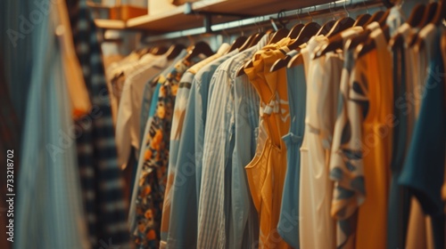 Clothes hanging on a rails in a wardrobe