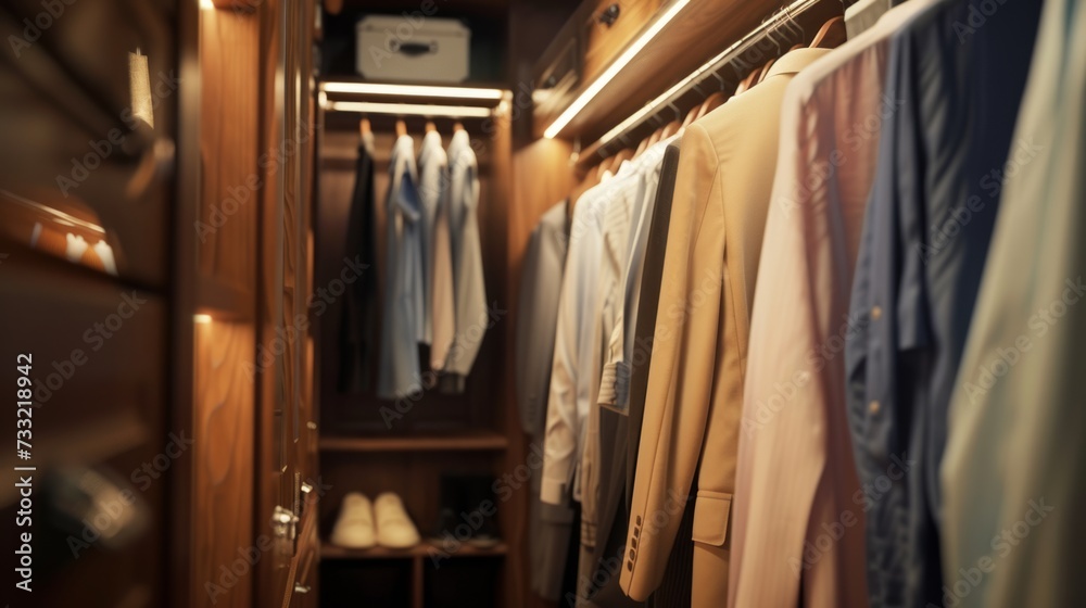 Clothes hanging on a rails in a wardrobe