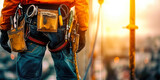 Up-Close View of a Construction Workers Utility Belt Loaded with Various Implements on a Skyscraper Construction Scene at Dusk, Emphasizing Workplace Safety and Diligence