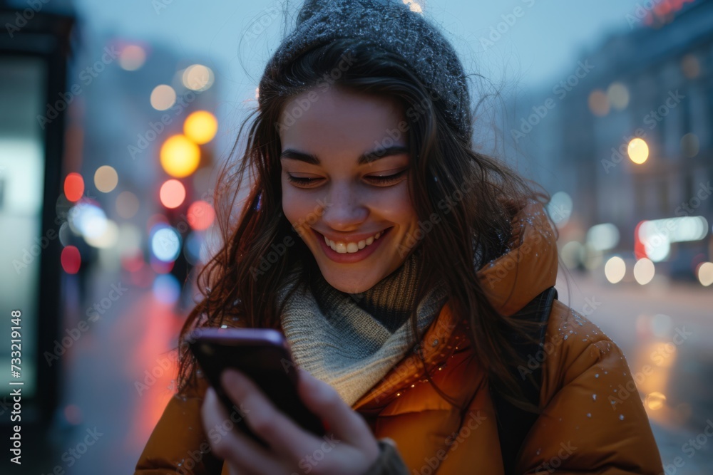 Cheerful young woman in winter attire texting on her phone on a snowy city street with soft-focus lights in the background. Cheerful young woman in winter attire texting on her phone on a snowy city street with soft-focus lights in the background.