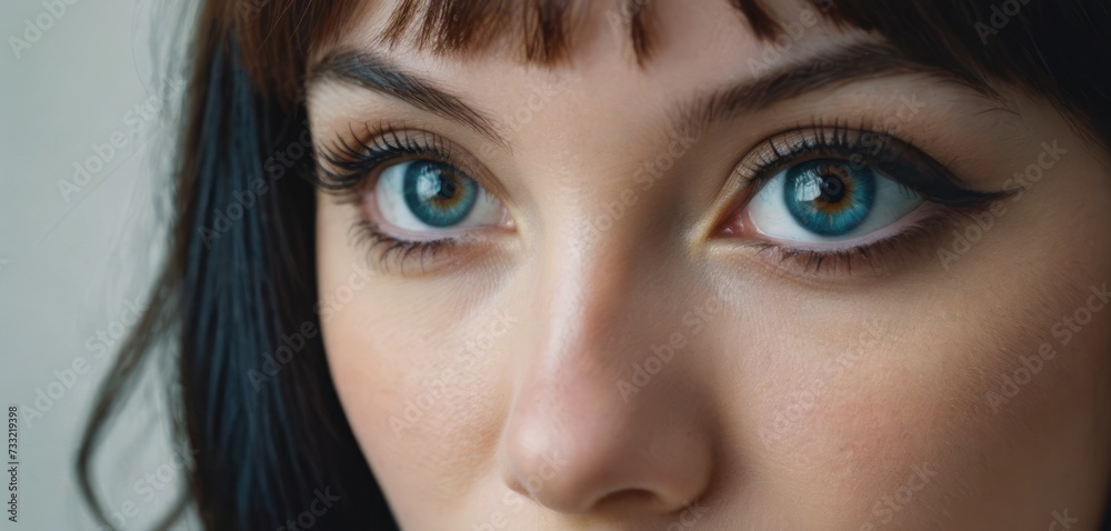 a close - up of a woman's face with long black hair and blue eyes, with a white background. a close - up of a woman's face with long black hair and blue eyes, with a white background.