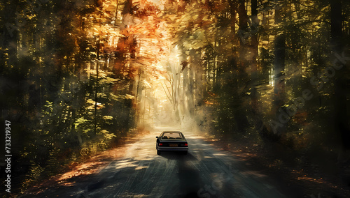 a car drive through a forest road