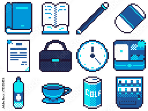 Office Life and Objects, Neon Blue Tone Pixel Art Icon Set