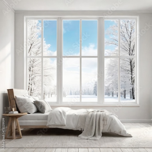 Mock up of empty room in white color with winter landscape in window. Scandinavian interior design. 3D illustration © HENDRI