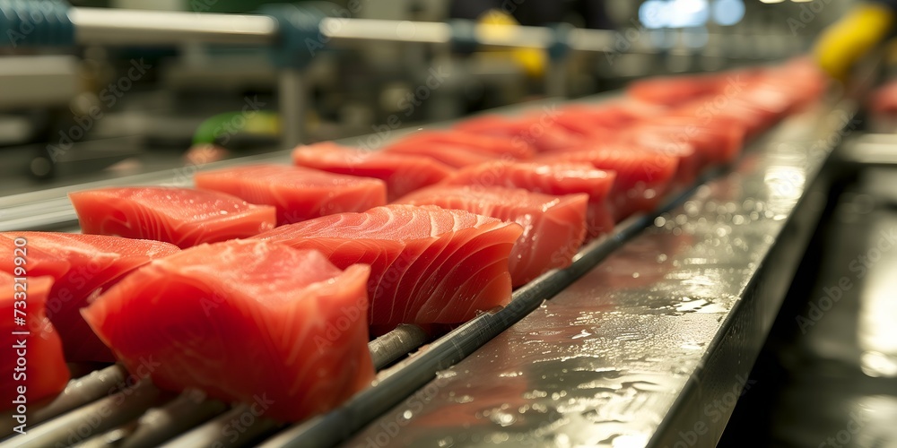 Raw salmon fillet on conveyor belt in factory, closeup