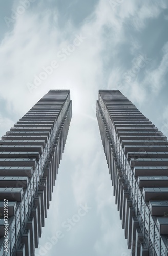 Bottom view of two buildings facing each other symmetrically leaving white space in the middle, office with clouds in the background, typography art, and minimalist faded color. AI Generated.