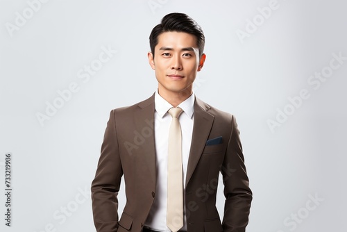 Portrait of a Young Asian businessman in a formal standing pose isolated on a white background.