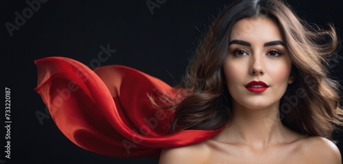 a woman in a red dress with a red scarf around her neck and her hair blowing in the wind, on a black background. photo