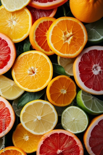 Orange, lemon, grapefruit citrus slices  on green leaves  background