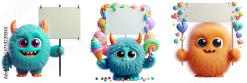 Set of 3D Cute Fluffy Monsters Holding Blank Signs: Colorful Cartoon Characters, Isolated on Transparent or White Backgrounds. photo