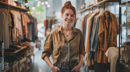 smiling stylish woman with hands in pockets looking away while standing in clothing store