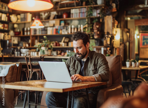 Entrepreneur man working on laptop in a modern cafe shop, remote worker / digital nomad